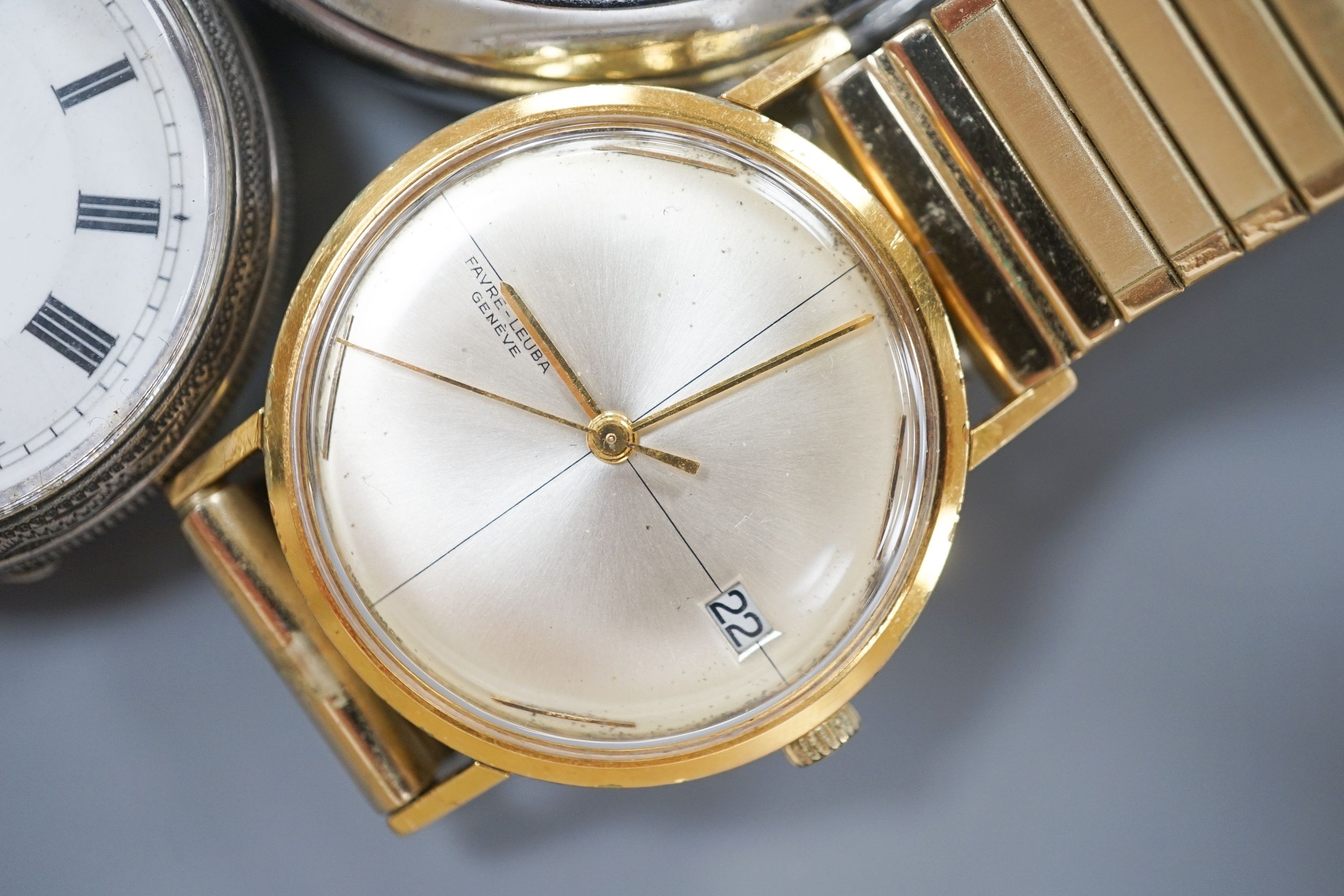 A chrome cased Guinness Time pocket watch, two wrist watches including Favre-Leuba and an 800 fob watch.